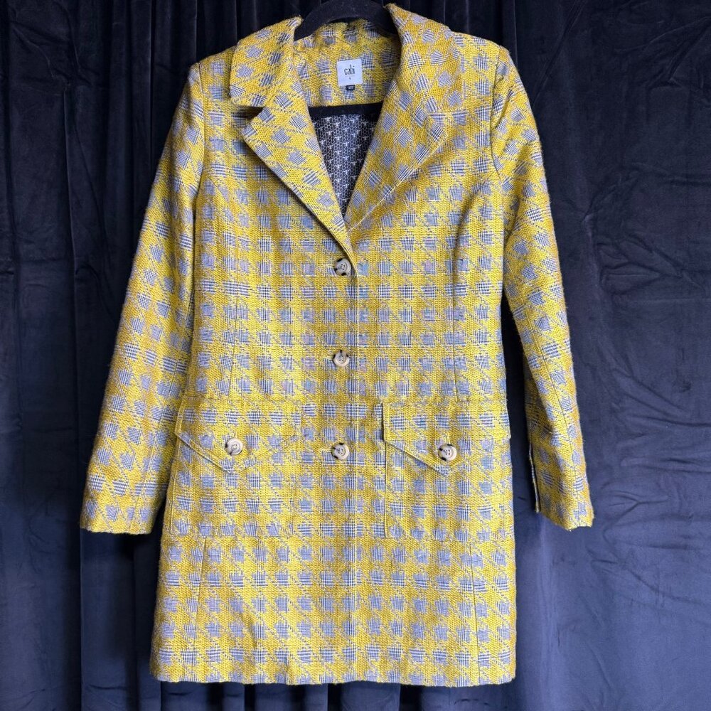CAbi Yellow Gray Houndstooth Plaid Tweed Long Blazer Jacket Size S